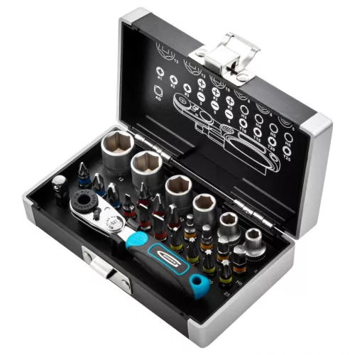 GROSS 1/4" bitkészlet racsnis hajtószárral kofferben 26 részes professional