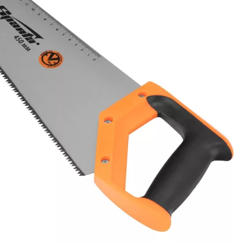 SPARTA 450mm rókafark fűrész, kézi fafűrész 7-8Tpi, 2D edzett fogazat, vonalzóval, gumírozott markolat
