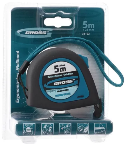 GROSS 5mx25mm professional mágneses mérőszalag gumis akasztóvég