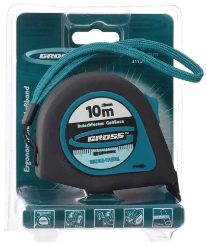 GROSS 10mx25mm professional mágneses mérőszalag gumis akasztóvég