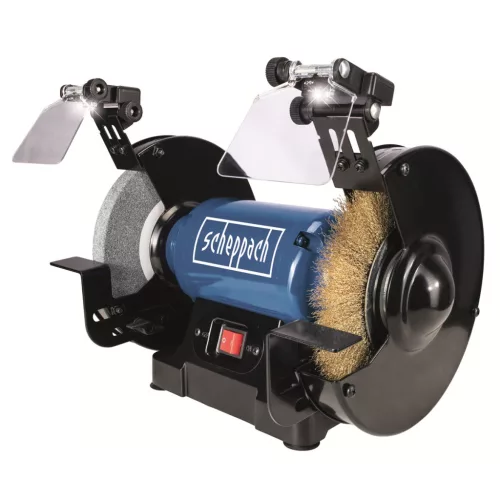 Scheppach SM 200 LB kéttárcsás csiszoló 500 W, csiszolókorong és acélkefe, LED-világítással