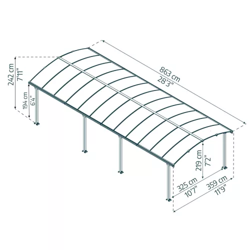Palram Canopia Arcadia 8500 fedett kocsibeálló 8,58x3,59 m, 30,8 m², két autóhoz, antracit