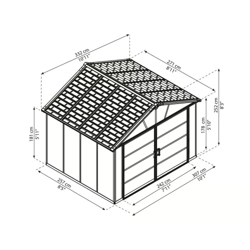 Palram Canopia Yukon 11x9 kerti tároló ház antracit, 16,3 m³, bővíthető, 148 cm dupla ajtóval
