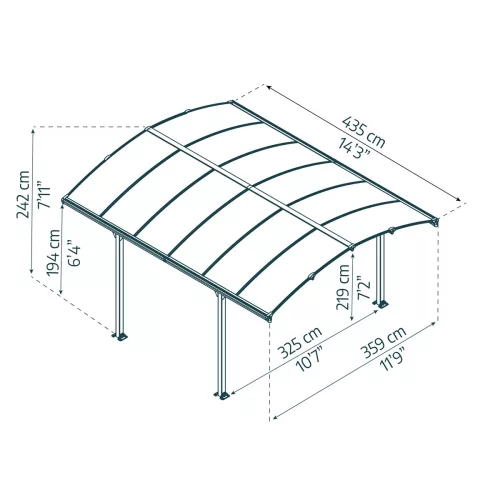 Palram Canopia Arcadia 4300 fedett kocsibeálló 4,30x3,59 m, 15,4 m², egy autóhoz, antracit