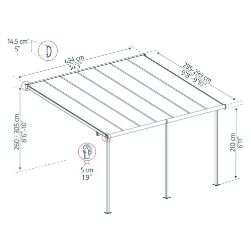 Palram Canopia Capri 4200 pergola teraszfedő 3x4,25 m, antracit, szürke polikarbonát tetővel