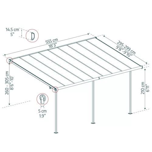 Palram Canopia Capri 5400 pergola teraszfedő 3x5,46 m, antracit, szürke polikarbonát tetővel