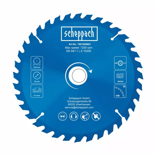 Scheppach TCT fűrészlap 210x30x2,4 mm, 36 fog – PL 75, HS 81 S, HS 80 és HM 210 L-hez