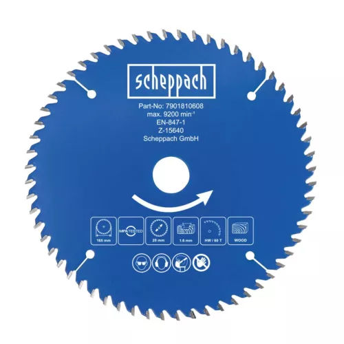 Scheppach TCT körfűrészlap 165x20x1,6 mm, 60 fog, fához – C-HCS165-X akkus körfűrészhez