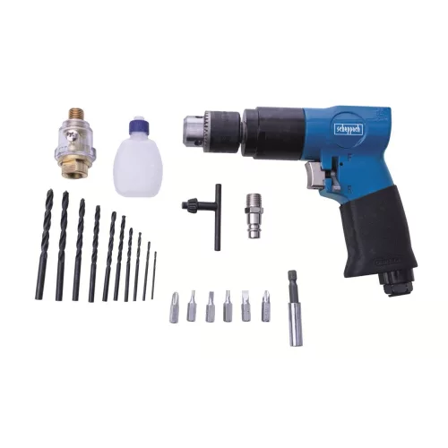 Scheppach pneumatikus fúrógép 3/8", 1800 1/perc, kofferrel, 10 HSS fúróval és 6 bittel