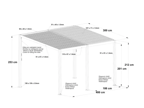 Riwall PRO RMBP 13x10 bioklimatikus pergola 4x3 m, dönthető lamellás tetővel, antracit
