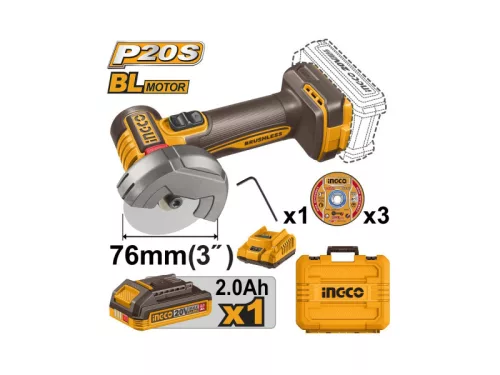 INGCO Akkus vágószerszám 76 mm szénkefe nélküli 20 V (1 x 2,0 Ah akku + töltő)