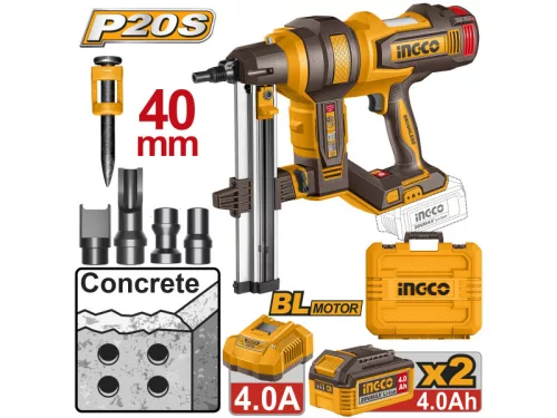 INGCO Akkus beton szögbelövő 40 mm szénkefe nélküli 20 V (2 x 4,0 Ah akku + töltő)