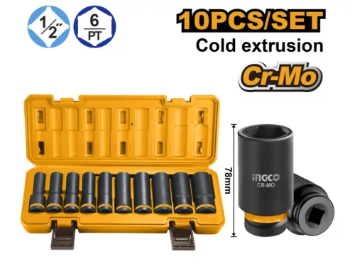 INGCO Gépi hosszú dugókulcs készlet 10 részes 1/2" 10-24 mm CrMo