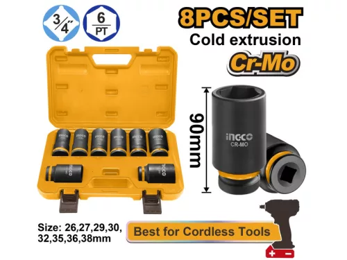 INGCO Gépi hosszú dugókulcs készlet 8 részes 3/4" 26-38 mm CrMo