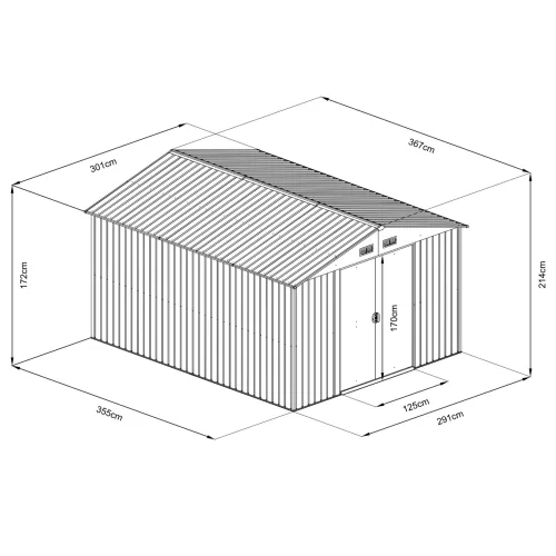 Riwall PRO RMSA 12x10 fém kerti tároló 3x3,7 m, nyeregtetős, zárható, antracit