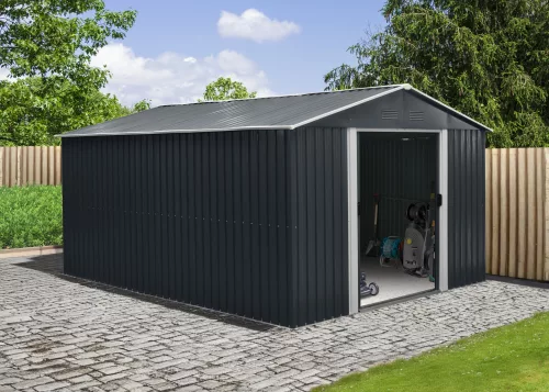 Riwall PRO RMSA 12x10 fém kerti tároló 3x3,7 m, nyeregtetős, zárható, antracit