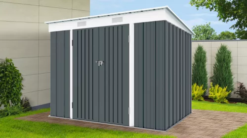 Riwall PRO RMSP 6x8 fém kerti tároló ház 240x183 cm, lapostetős, zárható, antracit