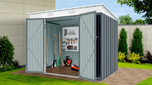 Riwall PRO RMSP 6x8 fém kerti tároló ház 240x183 cm, lapostetős, zárható, antracit