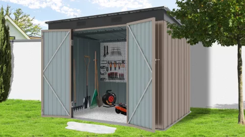 Riwall PRO RMSP 6x8 fém kerti tároló ház 240x183 cm, lapostetős, zárható, barna