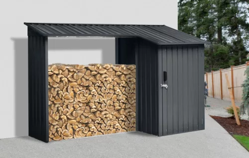 Riwall PRO RMWS 3x9 fém tűzifatároló fészerrel 2,7x1,6 m, zárható ajtóval, antracit