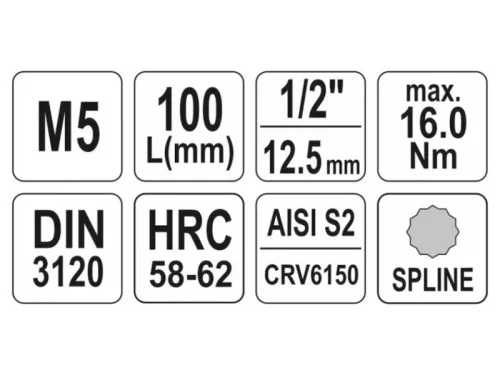YATO Hosszú bit dugókulcs Spline 1/2" M5 CrV