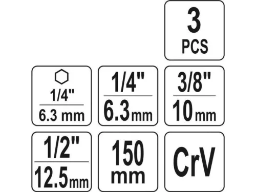 YATO Dugókulcs adapter készlet 3 részes 1/4" Hex -> 1/4", 3/8", 1/2" négyszög CrV