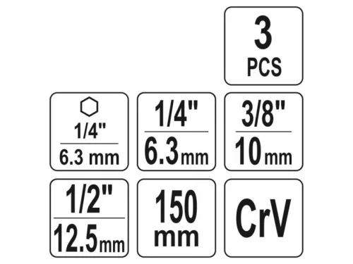 YATO Dugókulcs adapter készlet 3 részes 1/4" Hex -> 1/4", 3/8", 1/2" négyszög CrV