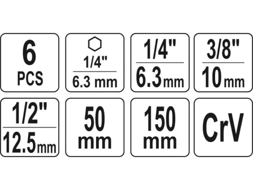 YATO Dugókulcs adapter készlet 6 részes 1/4" Hex -> 1/4", 3/8", 1/2" négyszög CrV