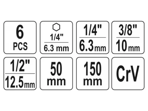 YATO Dugókulcs adapter készlet 6 részes 1/4" Hex -> 1/4", 3/8", 1/2" négyszög CrV
