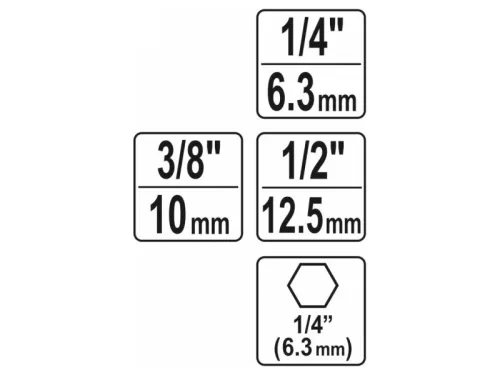 YATO Dugókulcs adapter készlet 3 részes 1/4" Hex -> 1/4", 3/8", 1/2" négyszög