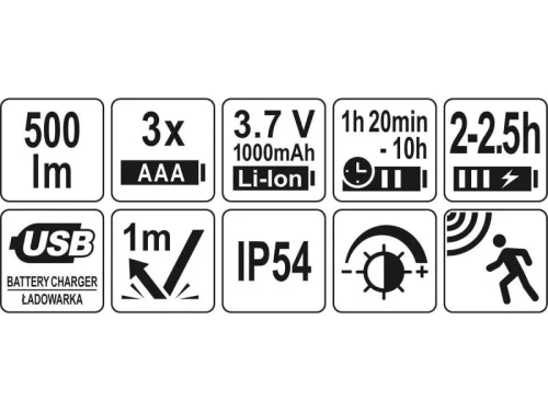 YATO Akkus / elemes LED fejlámpa 500 lumen mozgásérzékelős