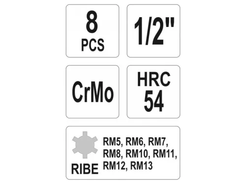 YATO Gépi hosszú bit dugókulcs készlet 8 részes Ribe 1/2" RM5-RM13 CrMo