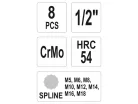 YATO Gépi hosszú bit dugókulcs készlet 8 részes Spline 1/2" M5-M18 CrMo