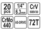 YATO Dugókulcs készlet 20 részes 1/4" 3,5-14 mm CrV