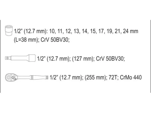 YATO Dugókulcs készlet 12 részes 1/2" 10-24 mm CrV