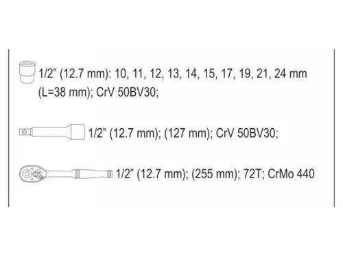 YATO Dugókulcs készlet 12 részes 1/2" 10-24 mm CrV