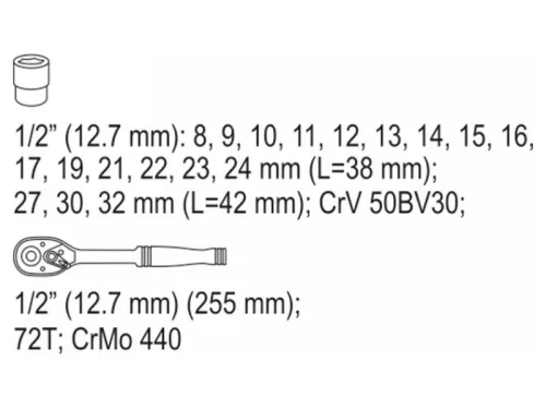 YATO Dugókulcs készlet 19 részes 1/2" 8-32 mm CrV