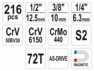 YATO Dugókulcs készlet 216 részes 1/4", 3/8", 1/2" CrV