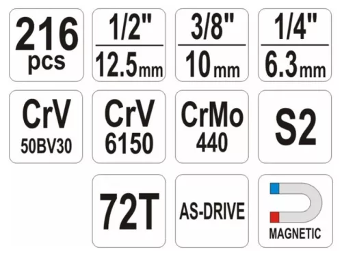 YATO Dugókulcs készlet 216 részes 1/4", 3/8", 1/2" CrV