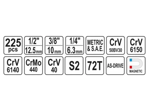 YATO Szerszámkészlet 225 részes 1/4", 3/8", 1/2" CrV CrMo